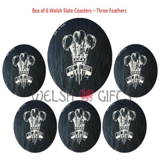 Box of 6 - Welsh Slate Coasters - Prince of Wales Three Feathers