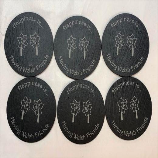 Box of 6 - Welsh Slate Coasters - Happiness is Having Welsh Friends (Daffodils)